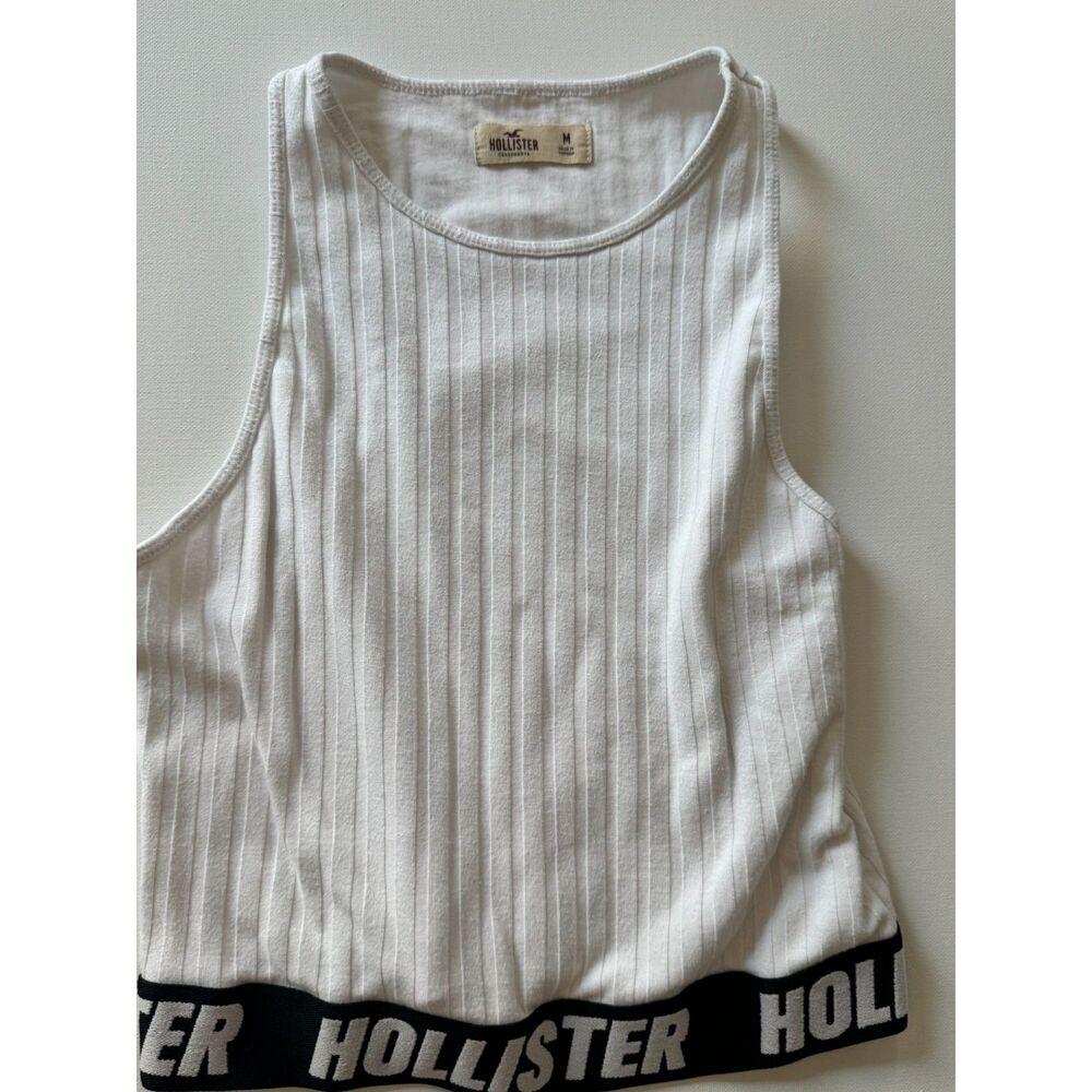 Hollister Women’s Medium White Ribbed Crop Tank Top Logo Band Racerback Y2K